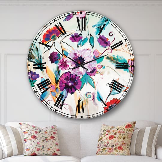 Designart Abstract Purple & Red Farmhouse Flowers Traditional Wall Clock